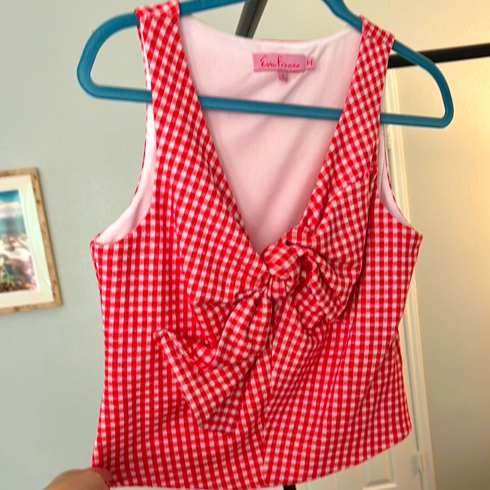 Red Gingham Sleeveless Top with Bow